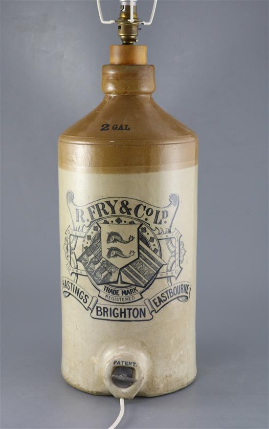 A large stoneware crock by R. Fry & Co, Hastings, Brighton, Eastbourne, altered into a lamp height 48cm